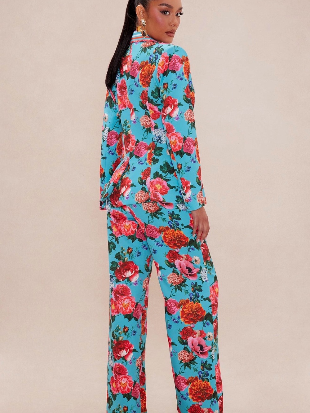 Fashion Nova Turquoise Floral Pantsuit with Pink & Red Blooms - Picture 4 of 4